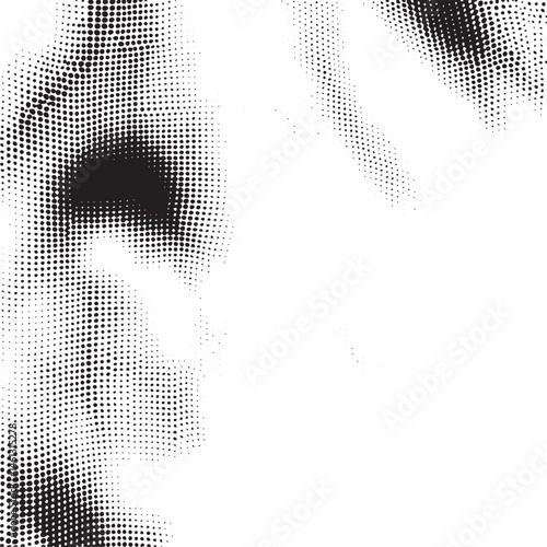 A close-up portrait reveals a partial eye surrounded by repeating dots.
