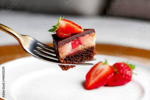 Chocolate strawberry layered cake on fork with a fresh strawberry garnish and blurred dessert plate in the background. Close-up