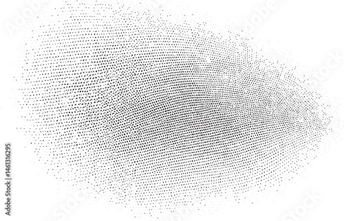A densely packed abstract of small black dots spreads across a white background.