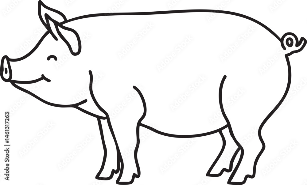 Fototapeta premium A smiling pig stands in a simple black and white outline.