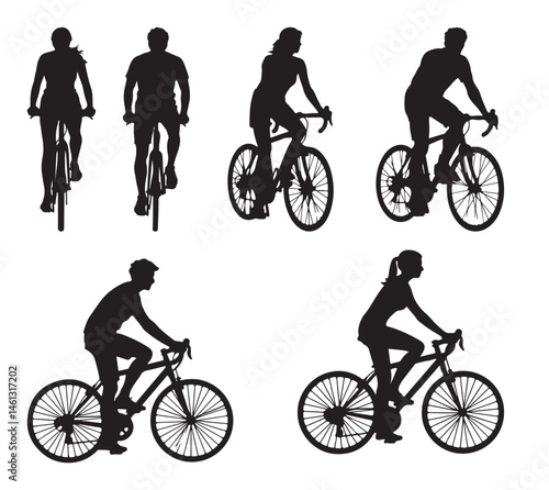 Silhouette vector illustration of a couple cycling together, front view of two people riding bicycles as outdoor leisure activity 