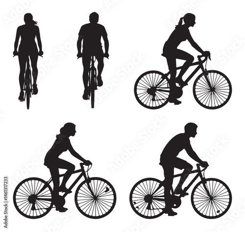Silhouette vector illustration of a couple cycling together, front view of two people riding bicycles as outdoor leisure activity 