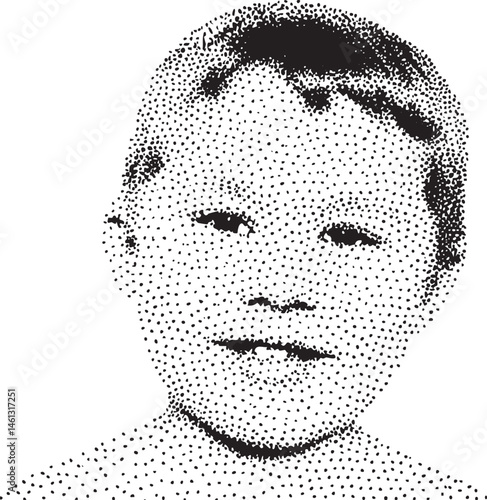 A young man's portrait rendered in a pointillist style.