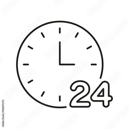 Clock With 24-Hour Symbol Line Icon. Around-The-Clock Service, Time Management, And Continuous Operation Outline Symbol. Business Efficiency. Editable Stroke. Isolated Vector Illustration