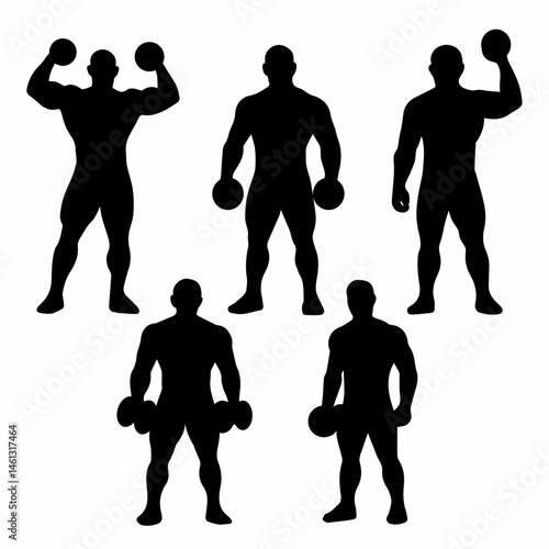 set of vector silhouettes of man doing fitness and sport workout isolated on white background