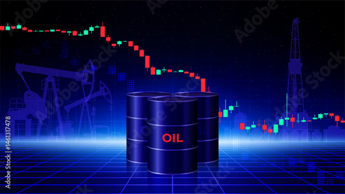 Chart of falling oil prices per barrel. Crude oil barrels on dark background. Analysis of fall of global energy markets. Influence of economic insiders. Market review. Investment strategies. Vector