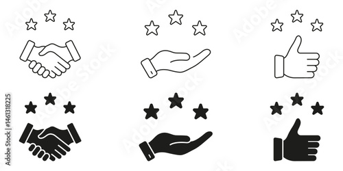 Customer Satisfaction, Quality Assurance, And Positive Feedback Line And Solid Icon Set. Handshake, Hand, Thumbs Up With Stars Symbol Collection. Service Excellence. Isolated Vector Illustration