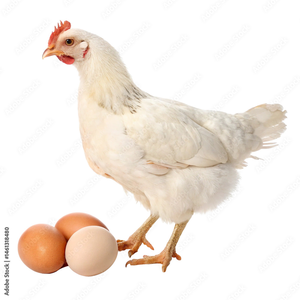 Fototapeta premium White hen chicken with brown eggs standing, isolated on transparent background