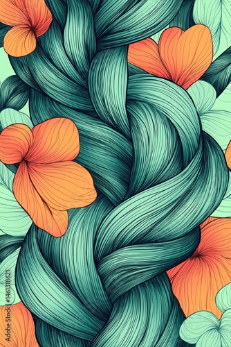 A vibrant artwork showcases intricate weaving of green leaves intertwined with bold orange flowers