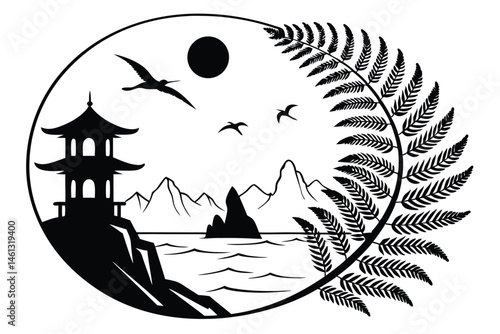 70 Minimalist black and white landscape, circular composition, Asian-inspired scenery, silhouette of pagoda, stylized waves, curling fern leaf, flying birds, striped sun, rocky mountains, tranquil oce