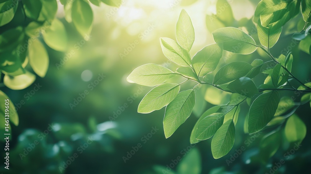 Obraz premium Sunlit Green Leaves with Dew Drops, Lush Foliage Background