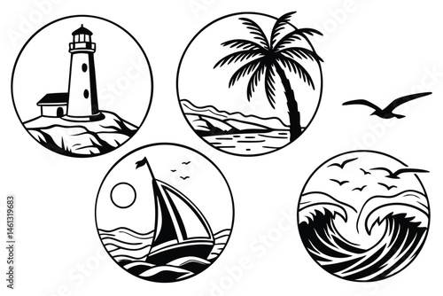 71 Black and white illustrations, coastal scenes, lighthouse on rocky shore, sailboat under moonlight, palm tree silhouette, ocean waves, seabirds in flight, sunset over waves, minimalist seascape, ci