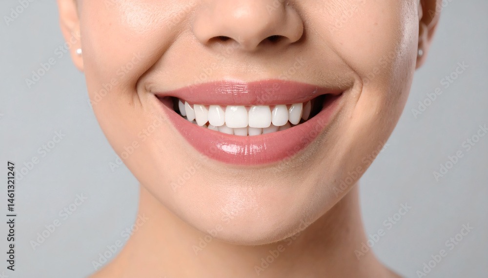 Fototapeta premium Smiling woman on light grey background, closeup, showcasing dental veneers for a bright and confident smile