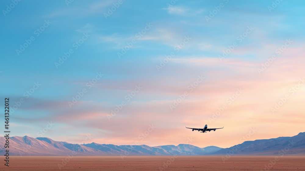 Naklejka premium Serene landscape featuring minimalist airplane flying over vast desert with mountains in background, showcasing beautiful sunset