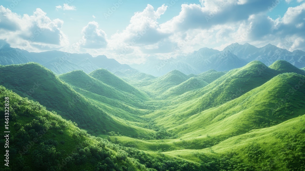 Obraz premium illustration of Summer fields landscape with a dawn,Rainbow, green grass hills, bright color blue sky, country background,banner resting vacation.