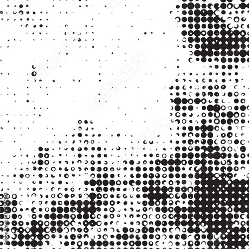 A densely patterned composed of numerous small black and white dots forming a vague human silhouette.