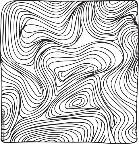 Black and white swirling lines create a dynamic abstract