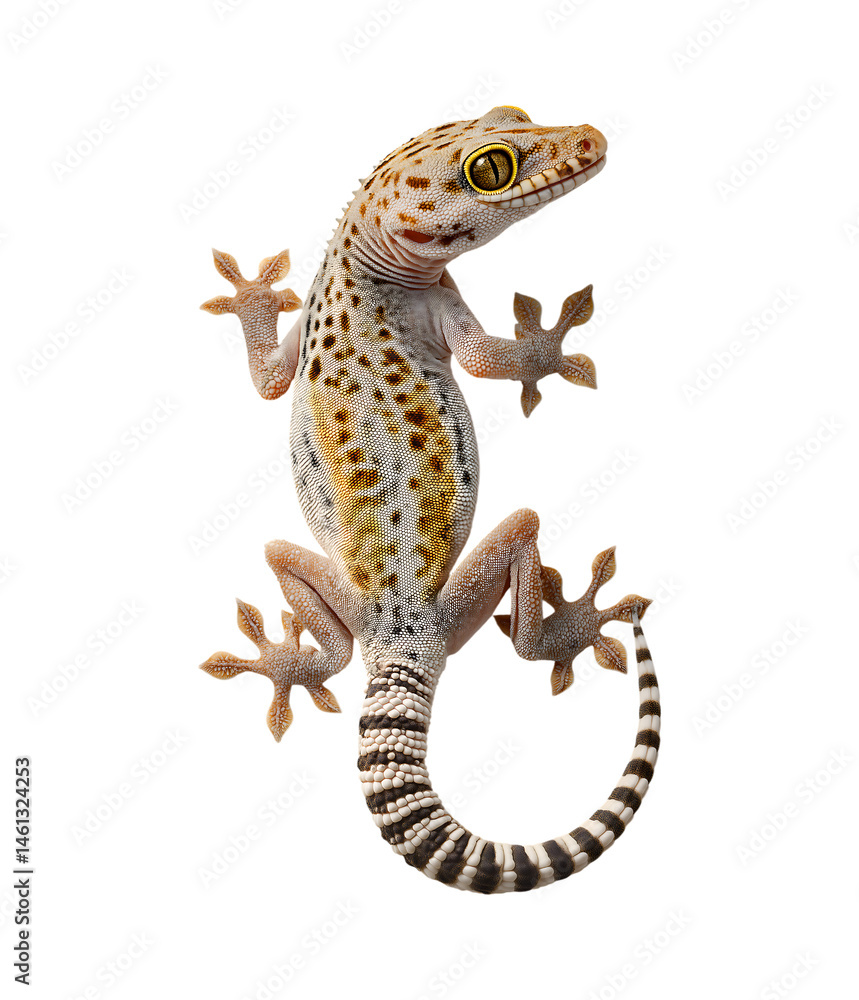 Naklejka premium A cute little gecko with white and brown spots on its body, standing upright against a pure transparent background