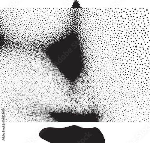 A close-up portrait showcases a textured face composed of densely packed black and white dots.