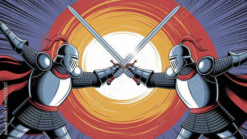 Two knights clash swords in a dramatic, comic book style illustration