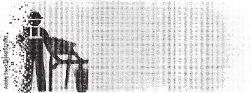 A solitary figure stands before a crumbling structure suggesting decay and reflection.