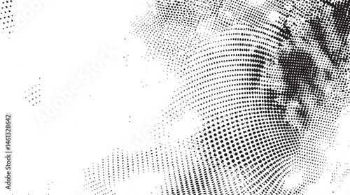 A grayscale portrait features a woman's face partially obscured by radiating circular