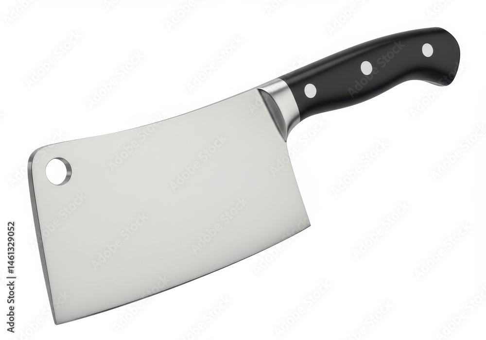 A stainless steel meat cleaver with a black handle and silver accents on a white background A stainless steel meat cleaver with a black handle and silver accents on a white background