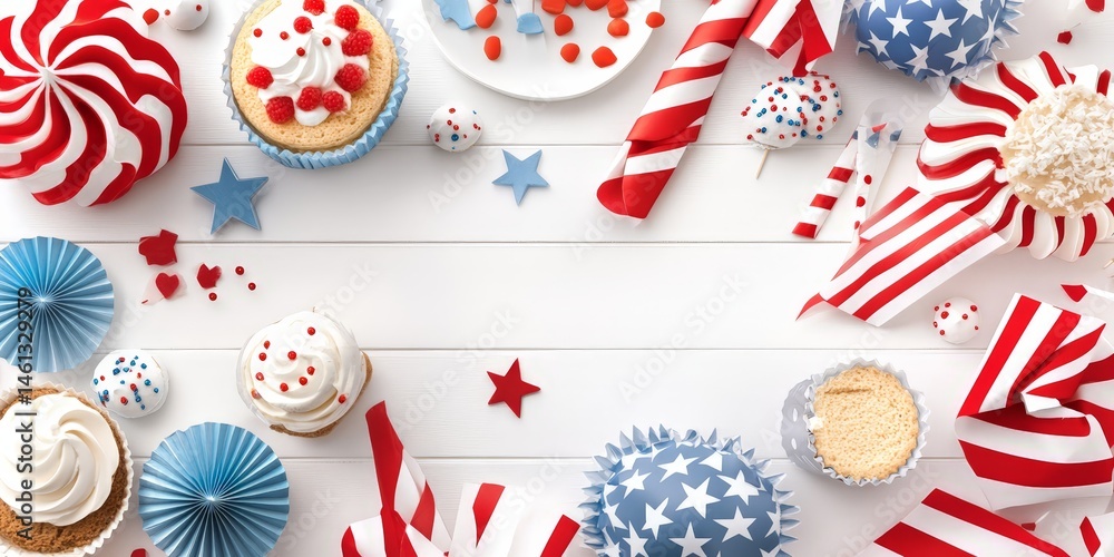 Obraz premium Festive american celebration with red, white, and blue party decor on white wooden background