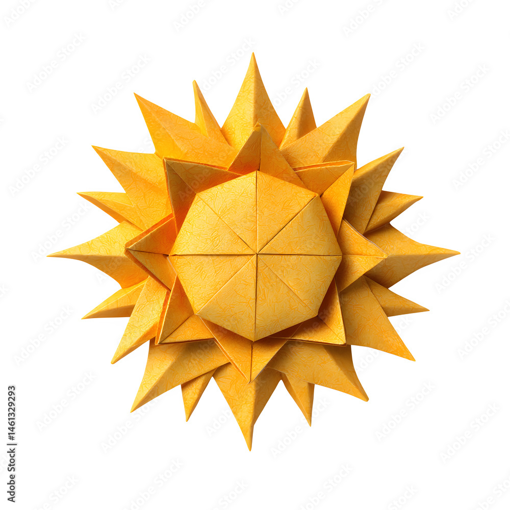Obraz premium Golden 3D origami sunburst star paper sculpture isolated on white background, geometric folded polygon decoration for holiday design, icon and abstract symbol