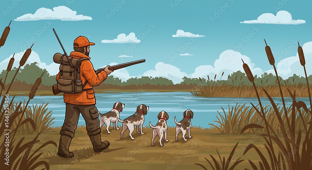 Obraz premium cute cartoon illustration, view from the back a hunter with hunting dogs walks along a lake with reeds in search of prey. hunting season concept. ,isolated on bright background, no text