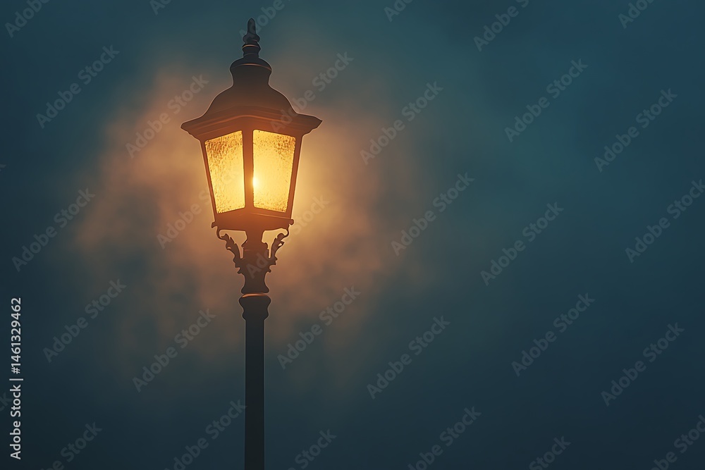 Illuminated Victorian Streetlight On A Foggy Night Scene Illuminated Victorian Streetlight On A Foggy Night Scene