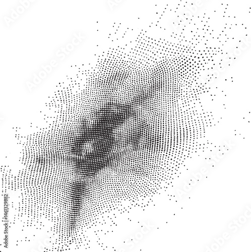 A detailed portrait of a woman emerges from a dense field of small black dots.