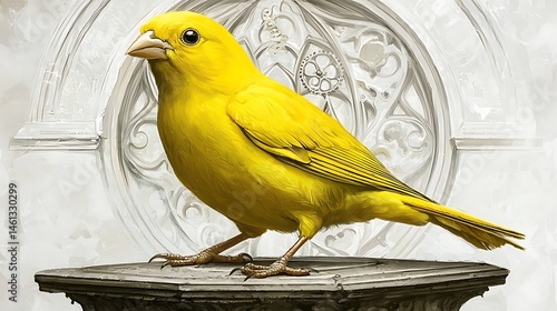 Canary perched elegantly on a stone pedestal against ornate backdrop art