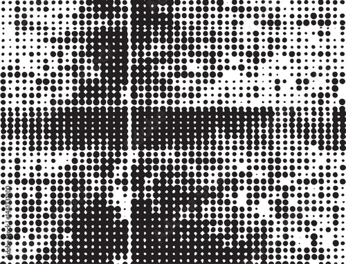 A monochrome portrait is formed from numerous small densely arranged black and white circles.