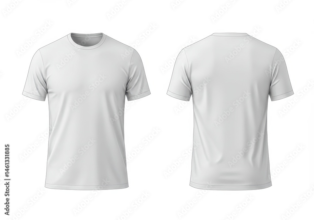 Front and back view of a blank white t-shirt on a white background for customization and design purposes Front and back view of a blank white t-shirt on a white background for customization and design purposes