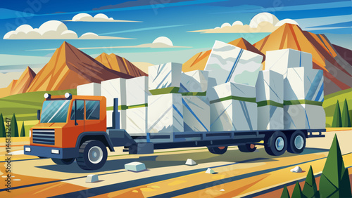 White marble stone blocks being transported on flat bed truck