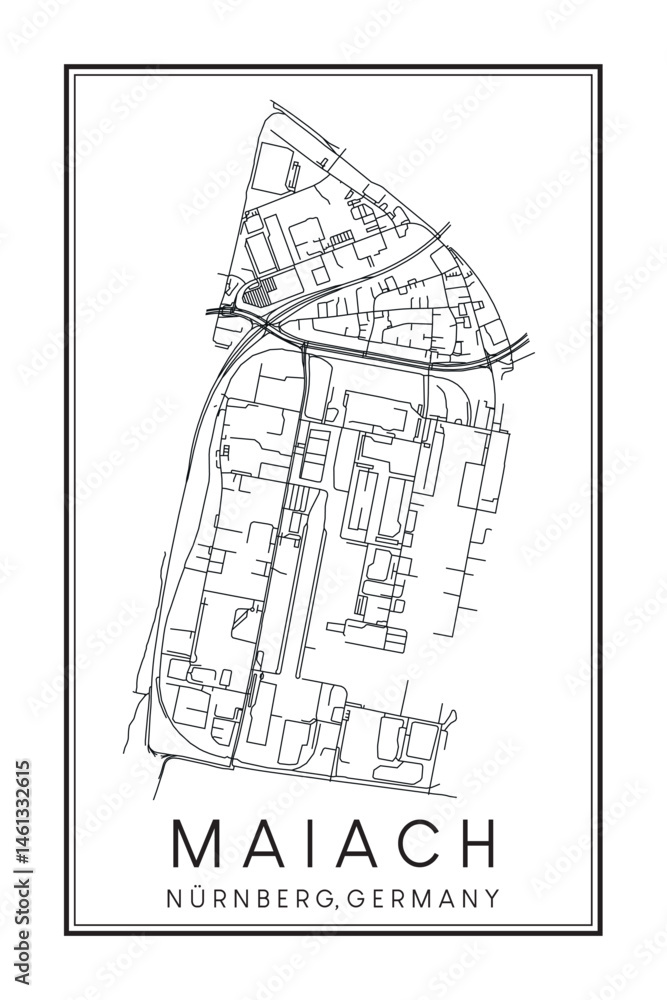 Fototapeta premium Hand drawn printable downtown road map poster of borough MAIACH of the German city of NUREMBERG on solid white background with city name