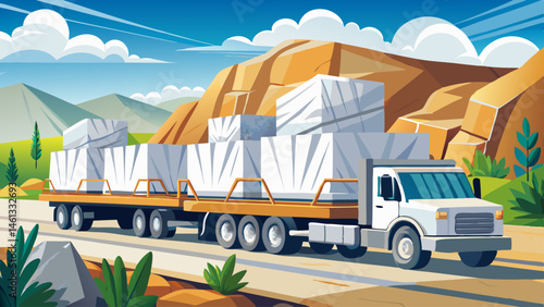 White marble stone blocks being transported on flat bed truck