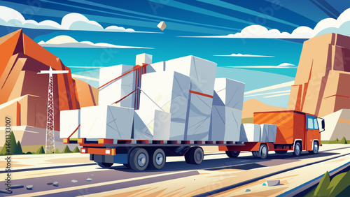 White marble stone blocks being transported on flat bed truck