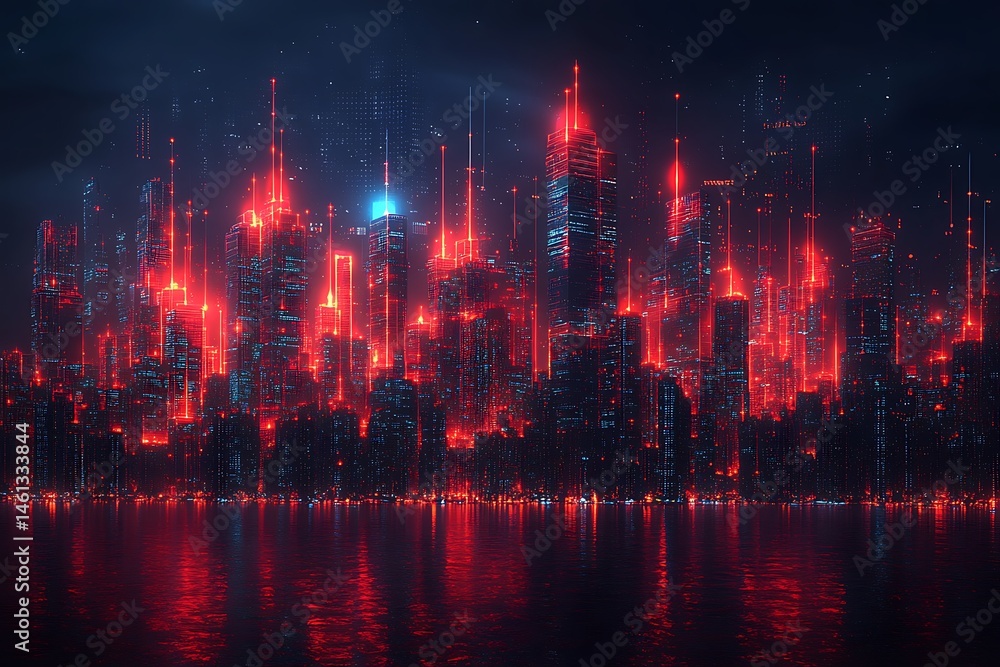 Obraz premium A futuristic city skyline illuminated by vibrant red lights.