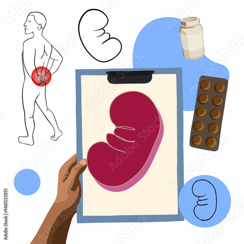 Vector isolated illustration of diagnosing kidney pain.Kidney stones. Pain and discomfort in the kidneys. Kidney diseases. Diagnosis of the urinary system.