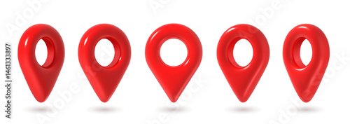 3d pins. Red map location pin in various position, GPS point. Place marker for maps, navigation pointer for app. Destination glossy realistic icons isolated vector set.