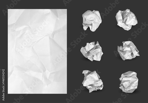 Crumpled balls and paper sheet. Crumple scrunched used white paper sheet with crinkles and trash ball. Vector isolated set for garbage concept.