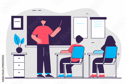 Nauczyciel prowadzący lekcję w klasie szkolnej z uczniami — nowoczesna ilustracja edukacyjna w stylu flat design