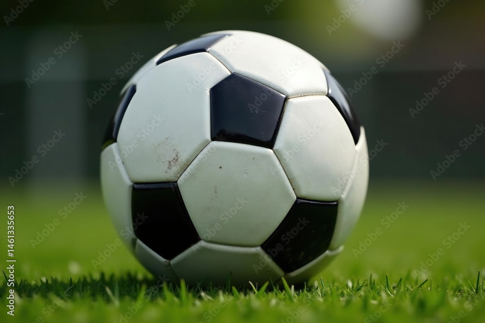 Fototapeta premium Close-up of classic black and white soccer ball, leather, soccer ball, black and white