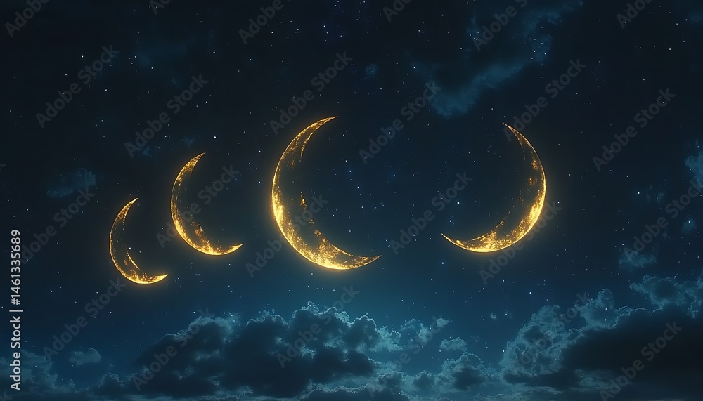 Golden crescent moons against a night sky filled with clouds. Golden crescent moons against a night sky filled with clouds.