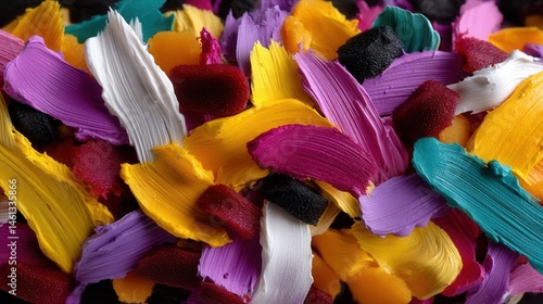 Close-up of colorful paintbrush strokes with vibrant flower petal textures and bold brushstrokes