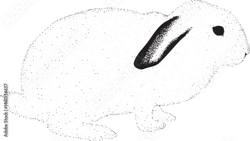 A white rabbit stands attentively in a field its ears perked forward.