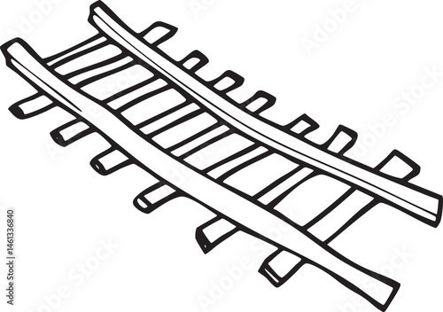 A curved wooden railway track extends diagonally across a white background.