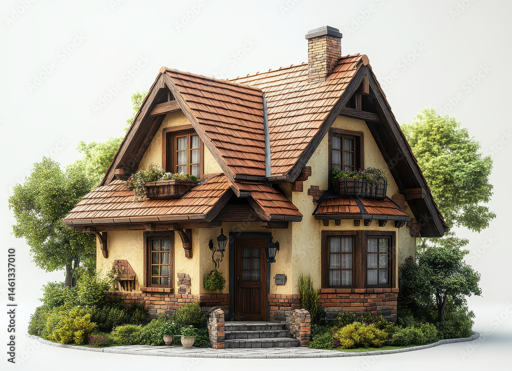 Charming Cottage with Brick and Wooden Details Surrounded by Lush Greenery Isolated on White Background